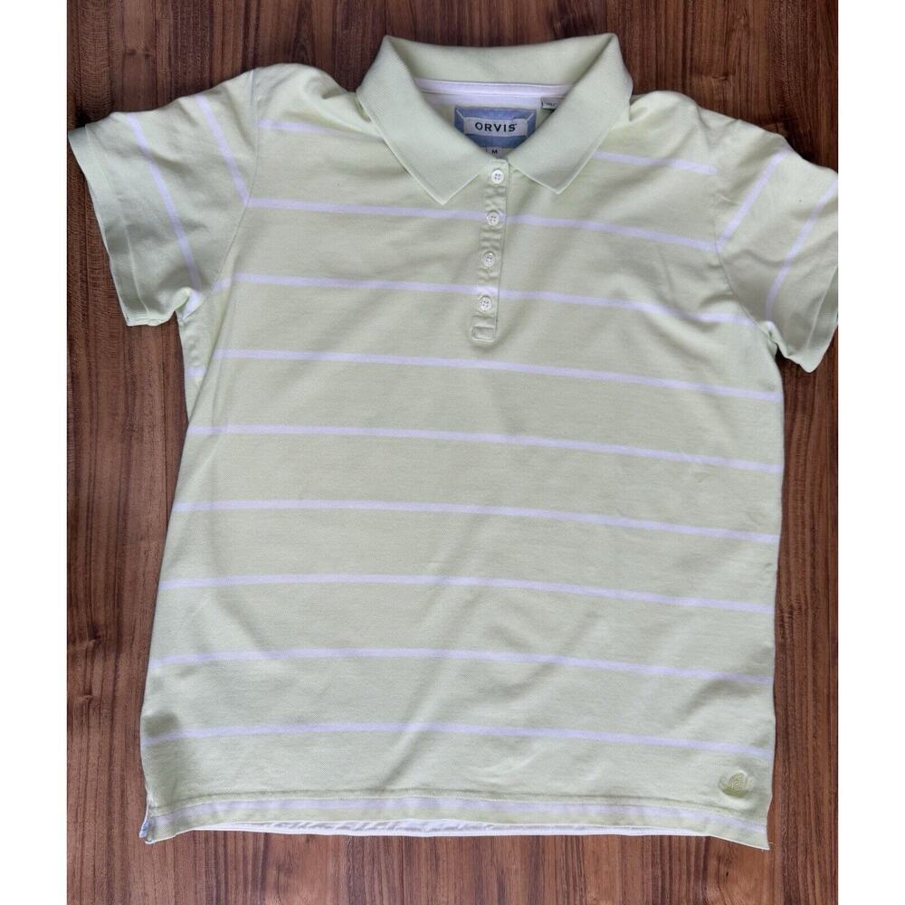ORVIS Polo Shirt Womens M Green With White Strips Half Button Up‎ Collared